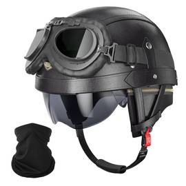 German Helmet Leather Vintage Motorcycle Half Helmet DOT Approved Retro Motorcycle Helmets with Goggles and Visor, Removable Lining/Earmuffs, for Bicycle Cruiser Scooter Chopper, for Adults Men Women
