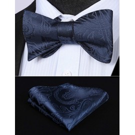 HISDERN Men's Bow Tie Floral Self Bow Tie and Pocket Square Set Flowers Jacquard Bow Tie Set for Wedding Celebration, Navy Blue -2