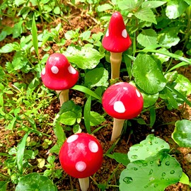 Poranlem Garden Ceramic Mushrooms Plant Stakes Set of 4 Clay Colorful Mushroom Statue for Fairy Garden Decor 5.5" in Height Pottery Yard Art Cute Home Decorative
