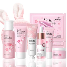 Women Sakura Skin Care Set - Teenage Girls Gifts - Gifts for Teenage Girls - Skin Care Sets & Kits with Makeup Remover, Cleanser, Serum, Eye Cream, Face Cream, Headband, Lip Mask,Hand Cream
