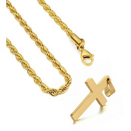 FZTN Jewelry 2mm Gold Rope Chain with Cross Pendant Necklace for Men Women 22 Inch