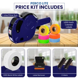 Perco Lite 1 Line Price Gun with Labels Kit - Includes 1 White Roll, 6 Multi-Colored Rolls, 2 Ink Rollers, 1 Ink roll and Labels Pre-Loaded
