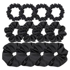 12 Pcs Premium Satin Silk Scrunchies Hair Ties for Women Girls Bracelets Ponytail Holder Hair Bands Elastic Ropes Hair Bun Accessories (3 Sizes Bundle 12 Pcs-Black)