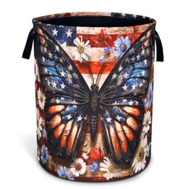 American Flag Butterfly Laundry Basket Daisy Flowers Oxford Cloth Laundry Hamper With Handle Foldable Portable Clothes Storage Basket 18.9 X 16.5 Inch Storage Bag For Laundry Room/Bathroom/Bedroom
