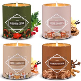 Christmas Candle Set, Christmas Scented Candle for Home, Winter Holiday Scented Candles, 4 Pack 36oz Soy Candles Gift, Christmas Scents of Balsam Cedar/Sugar Cookies/Vanilla Cupcake/Sparkling Cinnamon