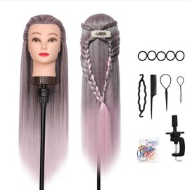 Training Head, DanseeMeibr Plus 26-28 Inch 100% Synthetic Fiber Hair Soft Mannequin Head Professional Hairdressing Head for Hair Styling Practice with Dolls Head Accessories+ Table Clamp