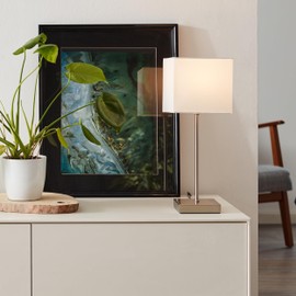 Lightbox Timeless Bedside Lamp – 43 x 17 x 17 cm – Table Lamp with White Fabric Shade and Touch Switch – E14, Max. 40 W – Metal / Textile