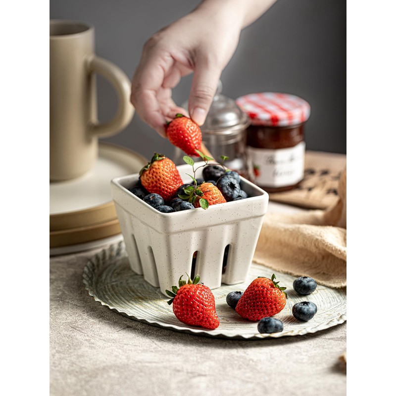 Gomakren Ceramic Berry Basket Set of 2, Square Fruit Bowls