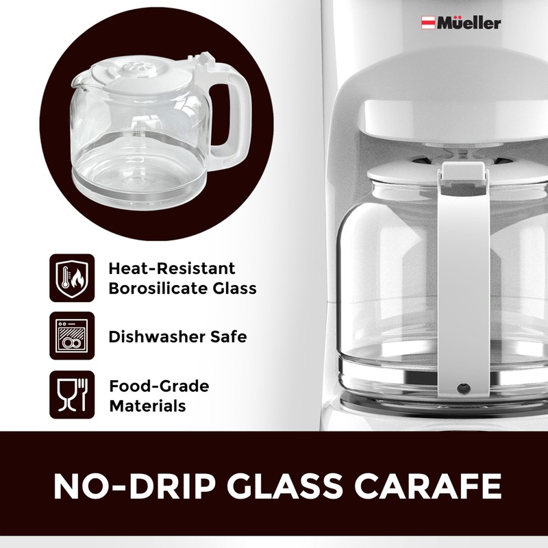 MÜELLERHOME 12-Cup White Coffee Maker - Borosilicate Carafe, Auto-Off, Reusable
