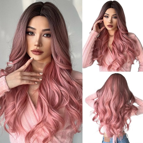 Esmee Synthetic Wigs Ombre Pink Long Wavy Women Heat Resistant Fiber Middle Part Cosplay Wigs 24inch