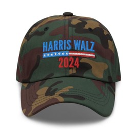Kamala Harris Tim Walz Waltz Embroidered Dad Hat, Harris Walz 2024 Democratic Party Support Green Camo