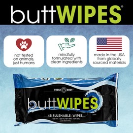 Fresh Body FB Fresh Body FB Buttwipes Flushable 270 Wipes - Pack for Adults - Water-Based Butt Wipes with Aloe and Vitamin E - Made Without Alcohol or Added Fragrance (Pack of 6)