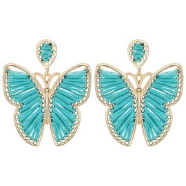 Kakonia Riffia Butterfly Dangle Earrings for Women Girls Handmade Colorful Rattan Drop Dangle Earrings Bohemian Statement Summer Beach Butterfly Earrings