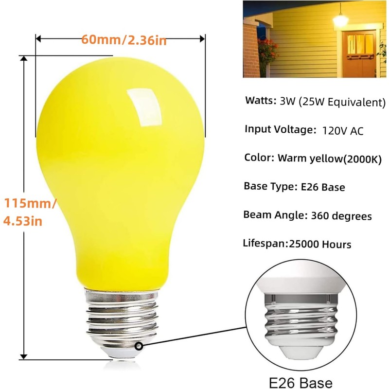 Minsily 6 Pack 3W Yellow Light Bulb A19 LED Bug