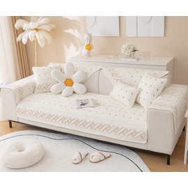 vctops Solid Color Cotton Quilted Sofa Couch Cover Weave Pattern Soft Sectional Couch Covers Embroidery Non-Slip Sofa Slipcover for Dogs, Children, Pets Furniture Protector (Cream,36"x36")