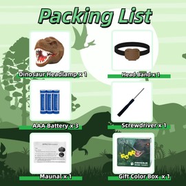 ELLA MAMA Dinosaur Headlamp Flashlight Outdoor Camping Gear LED Reading Head lamp, Hiking Headlight for Kids or Adults, Dinosaur Toys Ideal Gift for Birthday, Chirstmas, 3 AAA battery Included (Brown)