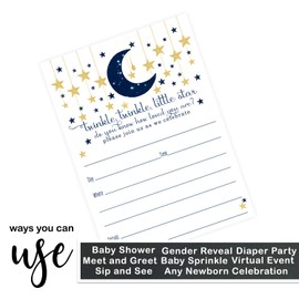 Twinkle Little Star Invitation and Envelopes Pack of 15 – Blank Invites for Boys Baby Shower, Reveal – Cosmic Moon Celestial Theme Navy and Gold - Printed 4x6 Size Card Set - Paper Clever Party