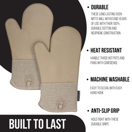 Frigidaire Sasha Cotton and Silicone Oven Mitts, Heat Resistant, Anti-Slip, Machine Washable, 13”x 7 “,Beige, Set of 2