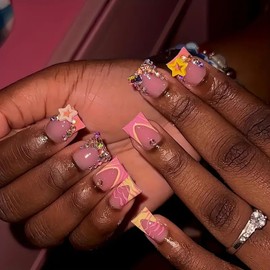 Pink French Tip Press on Nails Medium Length Duck Nails 3D Star Duck Nails Press on Rhinestone Tip Fake Nails Full Cover Stick on Nails Cute French False Nails Glue on Nails for Women