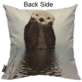 Mugod Otter Decorative Throw Pillow Cover Case Cute Fluffy Otter Floating in The River Brown and White Cotton Linen Pillow Cases Square Standard Cushion Covers for Couch Sofa Bed 18x18 Inch