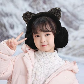 Kids Lovely Cat Winter Earmuffs Soft Plush Ear Warmers with Glittering Cat Ears Cute Warm Ear Flaps Cartoon Furry Ear Covers Fluffy Faux Fur Ear Muffs for Boy Girls 5+ Years Outdoor Xmas Birthday Gift