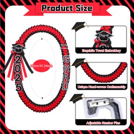 Hotop Grad Leis Class of 2025 Graduation Ribbon Double Braided Necklace Handmade Congrats Graduates Money Leis (Red, Black, White,1 Pcs)