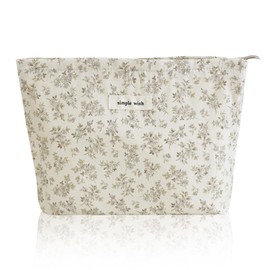 Wudygirl Cute Makeup Bag for Women - Travel Cosmetic Bag with Zipper Makeup Pouch Floral Make up Organizer Handbag Aesthetic (Khaki Floral)