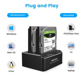 RSHTECH Dual Bay Hard Drive Docking Station, USB 3.0 Aluminium Hard Drives Docking Station Offline Cloning for 2.5 & 3.5 Inch SATA HDD SSD, Supports 2 x 16TB Drives, Tool-Free (RSH-DS01)