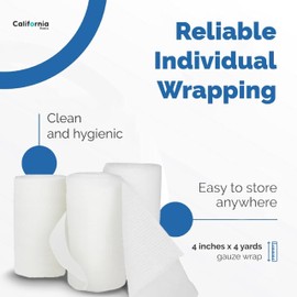 California Basics 24-Pack Gauze Bandage Roll with Tape, 4 Inches x 4 Yards - Soft, Stretchable & Breathable Wrap for Wound Care, First Aid & Medical Supplies - White