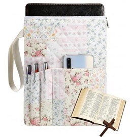 Bible Book Sleeve with Zipper 11" x 9" Padded Protector Washable Quilted Book Covers Fresh Floral Printed Bible Pouch with Handle Pockets Protector for Books Lover Christian Gifts