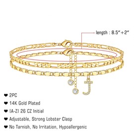 TINGN Anklet for Women, 14K Gold Plated/Silebr CZ Letter Anklets for Women, Anklets Adjustable Double Anklets, Sturdy Figaro Chain Anklet Wife Girls Daughter Girlfriend Gift