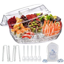 LIMOEASY Chilled Serving Tray, 15" Clear Plastic Party Platter with 4 Compartments, Ice Serving Bowl with Lid, Shrimp Cocktail Serving Dish, Cold Food Buffet Server for Fruit, Veggie, Appetizer, Sushi