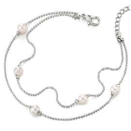 COOLSTEELANDBEYOND Two-strand Ball Chain Anklet Bracelet with Charms of Pearls and Jingle Bell, Adjustable