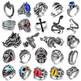 GIFIKOI 24 Pcs Vintage Punk Rings Set Gothic Biker Adjustable Rings Skeleton Skull Ring Feather Snake Drgon Lion Wolf Tiger Head Ring