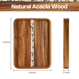 Acacia Wood Serving Tray with Handles - Rectangular Decorative Ottoman Tray for Living Room, Breakfast in Bed, Coffee Table Tray for Decor, Desktop Organizer, 16"x12"
