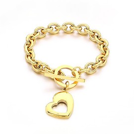 Smxyancht 18k gold Chunky Chain Heart Charm Bracelet for Women with Toggle Clasp Jewelry Accessories large Size 19cm Stainless Steel Hollow pendant Bracelets non tarnish (gold)