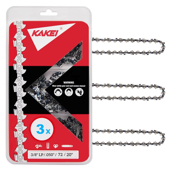 KAKEI 20 Inch Chainsaw Chain 3/8" Pitch, 050" Gauge, 72 Drive Links Fits Stihl MS 271, Husqvarna, Poulan and More- E72, 33RS72 (3 Chains)