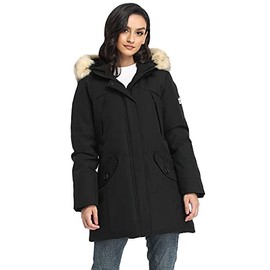 PUREMSX Women Water Resistant Vegan Down Puffer Coat, Hooded Warm Coats for Club Arctic Heavyweight Anorak Parkas with Fur for Women Quilted Coat Gifts for Wife,Black,Small