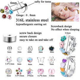 YADOCA 17 Pairs Hypoallergenic Screw Back Earrings for Women Girls Surgical Steel Heart CZ Flower Butterfly Screwback Stud Earring Cute Huggie Hoop Earring Set 20G