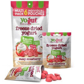 YoGut Freeze Dried Yogurt Snack, Strawberry, 6 Pack, Healthy Snacks for Kids, Toddlers & Adults, Gluten Free, Non GMO, With 5 Billion Live Probiotics, Vitamins & Minerals, Individual Snack Packs