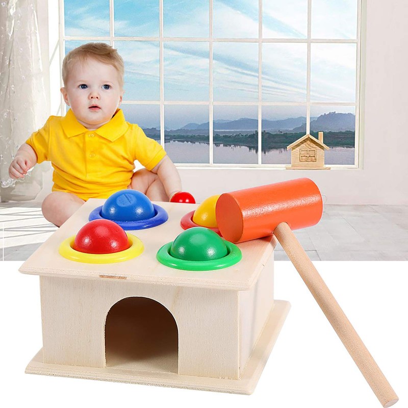 Tnfeeon Wooden Toy Hammer and 4-Ball Set, Children Hammering Game