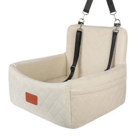 WOOAIDAGG Dog Car Seat for Under 30lbs Dogs,Comfy Febric Fill in Memory Foam,Washable and Detachable Pet Travel Car Bed,Anti-Slip Bottom,2 Safety Leashes & Storage Pockets(Beige)