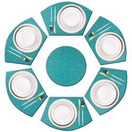 PIGCHCY Wedge Shaped Placemats Set of 6 with Centerpiece Round Mats Washable Kitchen Placemats Heat-Resistant Table Mats (Teal Blue)