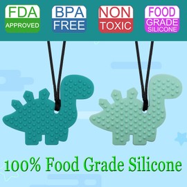 Chew Necklaces for Sensory Kids and Adults, 2 Pack Dinosaur Silicone Chewy Toys for Boys with Autism, ADHD, SPD, Reduce Chewing Fidgeting for Children, Oral Motor Chewing Necklace