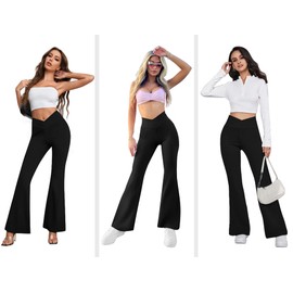 COPYLEAF Women's Flare Yogo Pants with Pockets-V Crossover High Waisted Bootcut Yoga Leggings-Flare Bell Bottom Workout Gym Leggings Black
