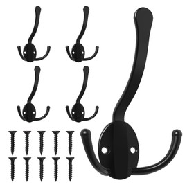 Homanu 5 Pack Coat Hooks Heavy Duty, Metal Three Prongs Large Coat Hooks Wall Mounted with 10 Screws, No Rust Black Rustic Wall Hooks for Hanging Towel, Coat, Scarf, Bag, Hat, Cup, Key