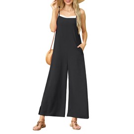 QIXING Black Rompers for Women Casual Overalls Boho Rompers Sleeveless Summer Grils Wide Leg Jumpsuit with Pockets
