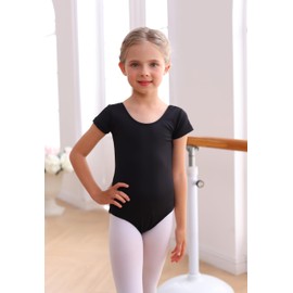 Mecceos Ballet Leotards Basic Short Sleeve for Toddler Girls Dance Gymnastics Outfits (Black, 8-10 Years, MEAM-278)