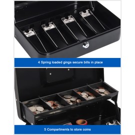 Cash Box with Money Tray and Lock, Large Money Box for Cash, 5 Compartments, 4 Spring-Loaded, Money Safe with Security Cable, Black