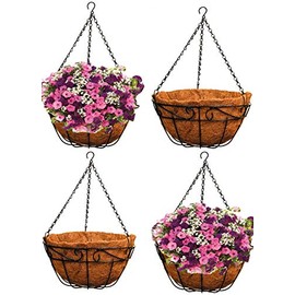 Ashman 14 Inch Metal Hanging Planter Basket with Coco Coir Liner Round Wire Plant Holder Chain Porch Decor Flower Pots Hanger Garden Decoration Indoor Outdoor Watering Hanging Baskets (4)